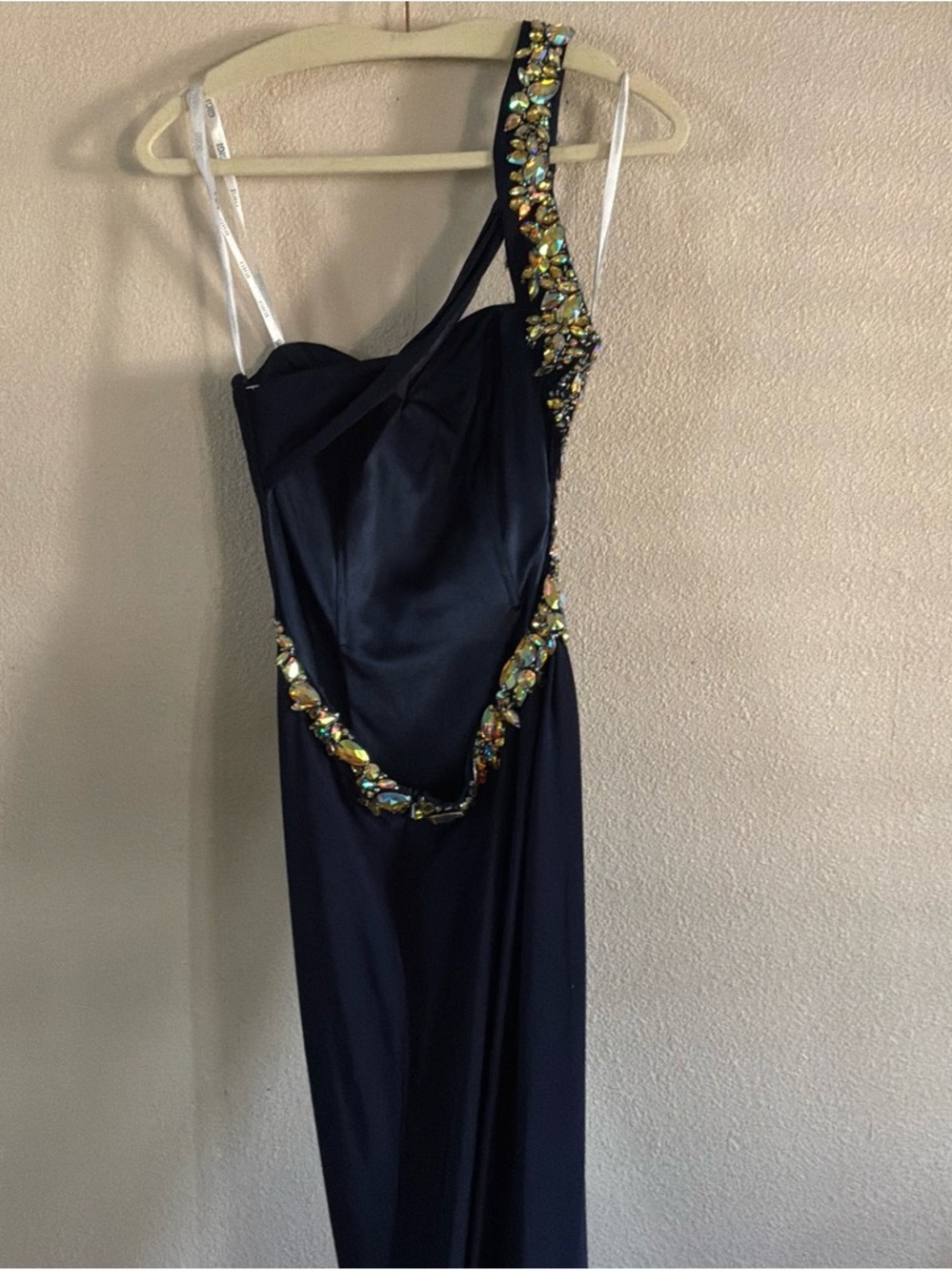 Navy One-Shoulder Prom Dress with Beaded Accent - Picture 3 of 4